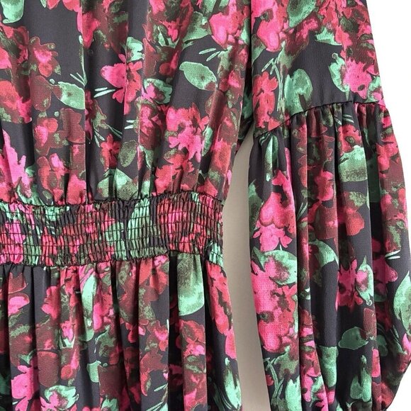 NEW MISA Los Angeles Simone Black and Pink Floral Satin Midi Dress Women’s Small - Picture 6 of 12